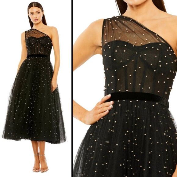 Mac Duggal 20745 Size 4‎ One Shoulder Black White Pearl Beaded Tulle Midi Dress - Picture 3 of 7
